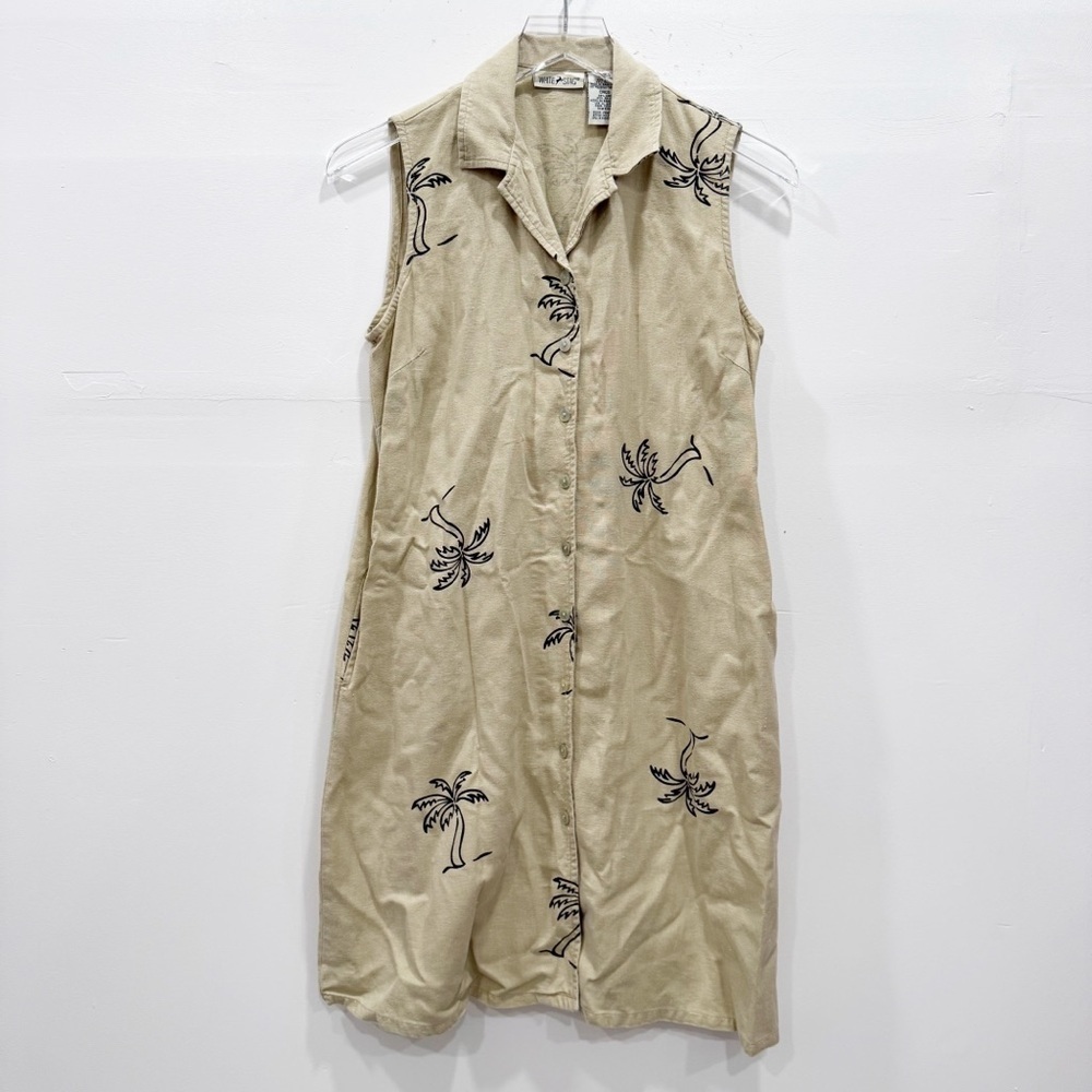 Vintage White Stag Sleeveless Rayon Linen Shirt Dress Printed Palm Tree